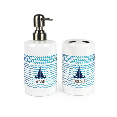 Purely Home Sailing Boats Bathroom Set - Refillable Ceramic Soap Dispenser & Toothbrush Holder - image 1