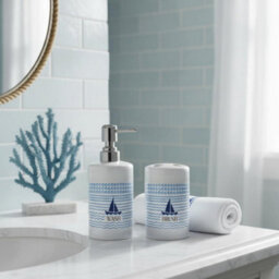Purely Home Sailing Boats Bathroom Set - Refillable Ceramic Soap Dispenser & Toothbrush Holder - thumbnail 2