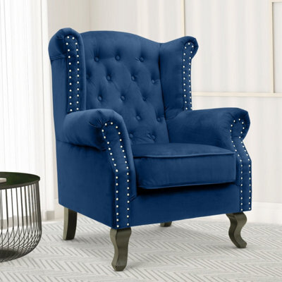 Velvet Wingback Fireside Chair Armchair With Buttons Blue - image 1