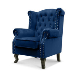 Velvet Wingback Fireside Chair Armchair With Buttons Blue - thumbnail 4