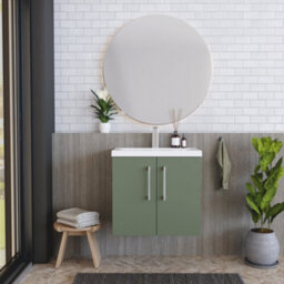 Balterley Contemporary Bathroom Wall Hung 2 Soft-Close Door Vanity Unit & Mid-Edge Basin, Satin Green, 600 mm - thumbnail 2
