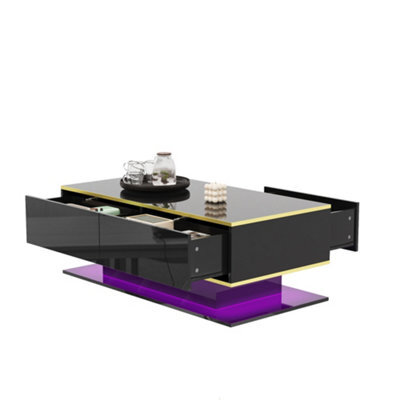 Btm High Gloss Led Coffee Table 100Cm, Gold Accents, 3 Drawers, Usb Led Light Strip - image 1