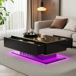Btm High Gloss Led Coffee Table 100Cm, Gold Accents, 3 Drawers, Usb Led Light Strip - thumbnail 2