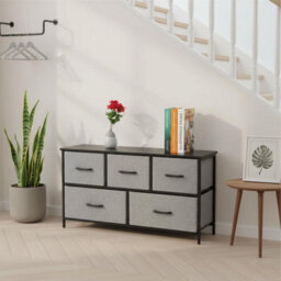 Chest Of Drawers With 5 Fabric Drawers Wood Top And Metal Frame Modern Bedroom Or Hallway Storage Unit Black Top - thumbnail 3