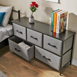 Chest Of Drawers With 5 Fabric Drawers Wood Top And Metal Frame Modern Bedroom Or Hallway Storage Unit Black Top - thumbnail 4