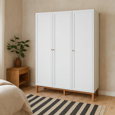 Wyld Haus Basel 3-Door Wardrobe In Light Grey With Oak Legs, Shelves, Drawer And Hanging Rail - image 1