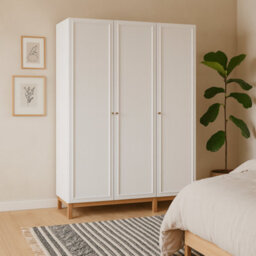 Wyld Haus Basel 3-Door Wardrobe In Light Grey With Oak Legs, Shelves, Drawer And Hanging Rail - thumbnail 2