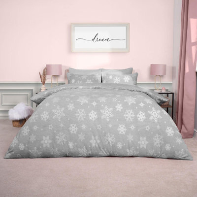 OHS Snowflake Teddy Fleece Duvet Cover Bedding Winter Christmas, Grey - Double - image 1
