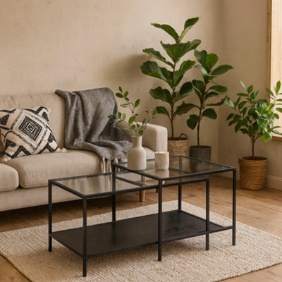 Wyld Haus El Paso Set Of 2 Nesting Coffee Tables, Clear Tempered Glass Top & Matte Black Metal Frame - image 1