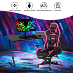 Costway Z-Shaped Computer Desk W/ Led Lights & Large Carbon Fiber Surface Home Office - thumbnail 2