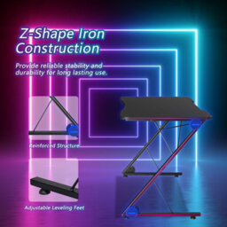 Costway Z-Shaped Computer Desk W/ Led Lights & Large Carbon Fiber Surface Home Office - thumbnail 7