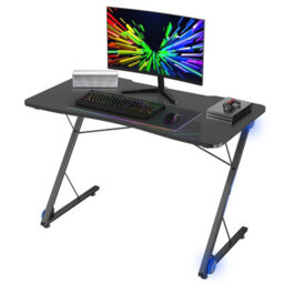Costway Z-Shaped Computer Desk W/ Led Lights & Large Carbon Fiber Surface Home Office - thumbnail 1