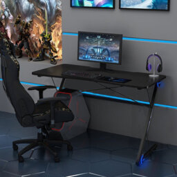 Costway Z-Shaped Computer Desk W/ Led Lights & Large Carbon Fiber Surface Home Office - thumbnail 9