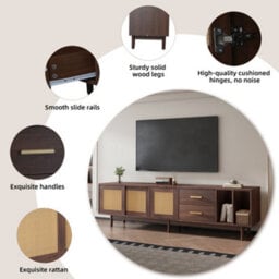 Tv Stand With 2 Drawers And Rattan Sliding Doors, Dark Wood - thumbnail 7