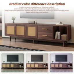 Tv Stand With 2 Drawers And Rattan Sliding Doors, Dark Wood - thumbnail 6
