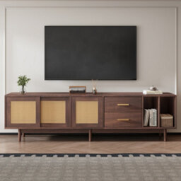 Tv Stand With 2 Drawers And Rattan Sliding Doors, Dark Wood - thumbnail 2