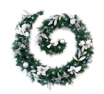 Best Artificial 9Ft White & Silver Decorated Christmas Garland Supplied With 80 Bright White Battery Leds Banister - image 1