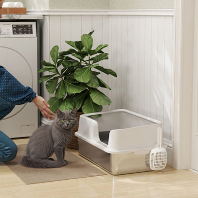 Pawhut Stainless Steel Litter Box, High Sided Metal Cat Litter Tray W/ Scoop - image 1
