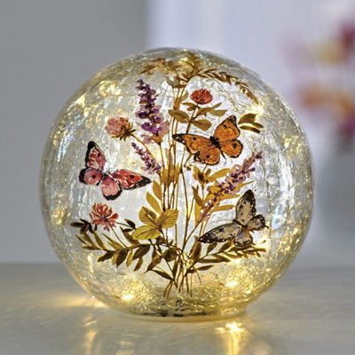 Eldo Led Butterfly Globe Dia.15Cm - Hand-Painted Crackle Glass With 10 Warm White Lights, Battery Operated