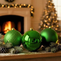 Shatchi Set Of 3 - 25Cm Dark Green Christmas Baubles (Glossy, Matte, Glitter) Décor Pack - thumbnail 2