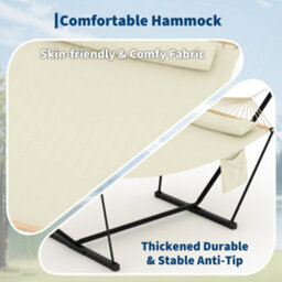 2 Person Double Hammock With Adjustable Steel Stand, Wooden Spreader Bar, Detachable Pillow, Off-White, 12Ft - thumbnail 7