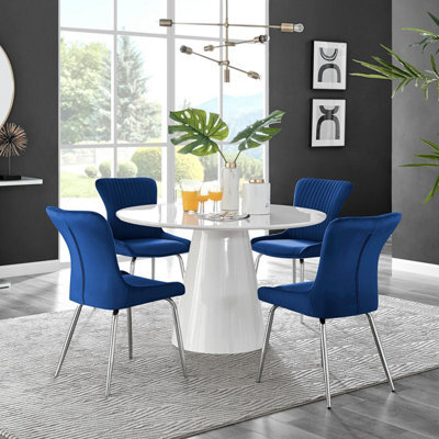 Furniturebox Uk Palma White High Gloss Round Dining Table & 4 Blue Nora Silver Leg Chairs - image 1