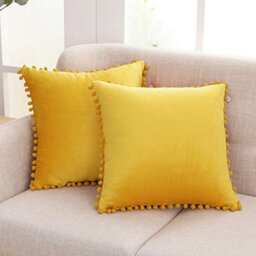 Deconovo 2 Pack Pom Pom Crushed Velvet Cushion Covers With Invisible Zipper 45 X 45 Cm Mellow Yellow - thumbnail 1