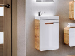 Impact Furniture Small Sink For Cloakroom 400mm Vanity Unit Slim Bathroom Cabinet Wall Hung Small White Gloss Oak Compact Arub - thumbnail 1