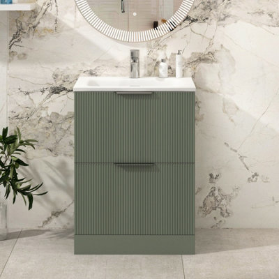 Royal Bathrooms Evora 600mm Sage Green Fluted Floor Standing Bathroom Vanity Unit 2 Drawer Cabinet Storage With Stone Basin Sink - 1 Tap Hole - image 1