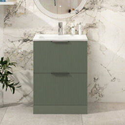 Royal Bathrooms Evora 600mm Sage Green Fluted Floor Standing Bathroom Vanity Unit 2 Drawer Cabinet Storage With Stone Basin Sink - 1 Tap Hole - thumbnail 1