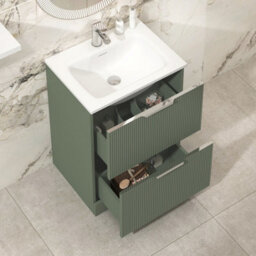 Royal Bathrooms Evora 600mm Sage Green Fluted Floor Standing Bathroom Vanity Unit 2 Drawer Cabinet Storage With Stone Basin Sink - 1 Tap Hole - thumbnail 3