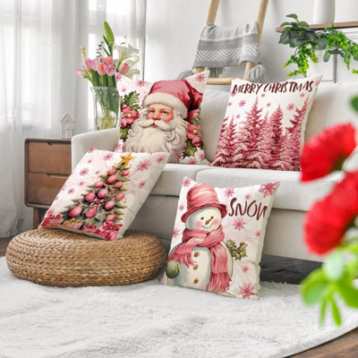 Amorly 4Pcs Pink Christmas Pillow Covers, 18X18 Inch With Snowman Santa Prints, Winter Holiday Decorative Cushion Covers For Home Couch - image 1