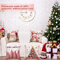 Amorly 4Pcs Pink Christmas Pillow Covers, 18X18 Inch With Snowman Santa Prints, Winter Holiday Decorative Cushion Covers For Home Couch - thumbnail 6