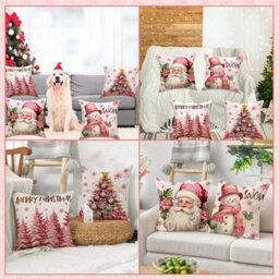Amorly 4Pcs Pink Christmas Pillow Covers, 18X18 Inch With Snowman Santa Prints, Winter Holiday Decorative Cushion Covers For Home Couch - thumbnail 5
