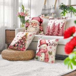Amorly 4Pcs Pink Christmas Pillow Covers, 18X18 Inch With Snowman Santa Prints, Winter Holiday Decorative Cushion Covers For Home Couch - thumbnail 1