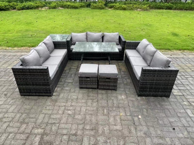 Fimous Rattan Outdoor Furniture Lounge Sofa Garden Dining Set With Dining Table Side Table 2 Small Footstools - image 1
