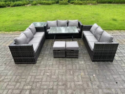 Fimous Rattan Outdoor Furniture Lounge Sofa Garden Dining Set With Dining Table Side Table 2 Small Footstools - thumbnail 2