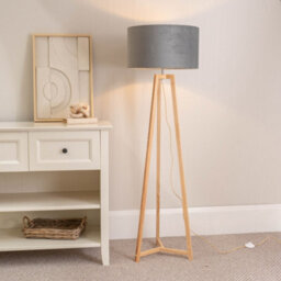Valuelights Lottie Natural Wood Tripod Floor Lamp With Grey Velvet Drum Shade - Led Bulb Included