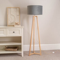 Valuelights Lottie Natural Wood Tripod Floor Lamp With Grey Velvet Drum Shade - Led Bulb Included - thumbnail 3