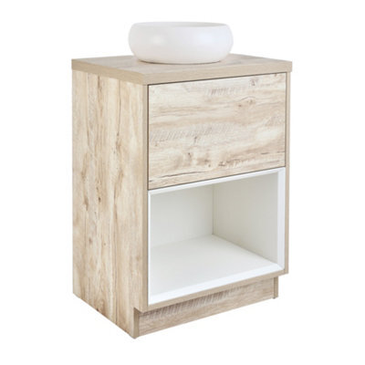 Homestylestore Light Oak 600mm Bathroom Vanity Unit Round Chalk Countertop Basin Open Shelf - image 1