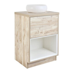 Homestylestore Light Oak 600mm Bathroom Vanity Unit Round Chalk Countertop Basin Open Shelf
