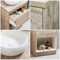 Homestylestore Light Oak 600mm Bathroom Vanity Unit Round Chalk Countertop Basin Open Shelf - thumbnail 2