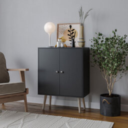 Urbn-Living Urbnliving 60Cm Height 2 Tier Black Wooden Bookcase With Black Door Scandinavian Style Pine Legs Bedroom Shelf