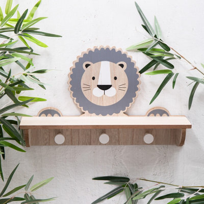 Annibells Lion Or Giraffe Wooden Floating Shelf With Hooks (10635) - Lion - image 1