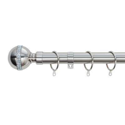 A.unique Home Diamante Ball Metal Extendable Curtain Pole With Rings And Fittings (25/28mm) - Brushed Steel, 70Cm - 120Cm Approx - image 1
