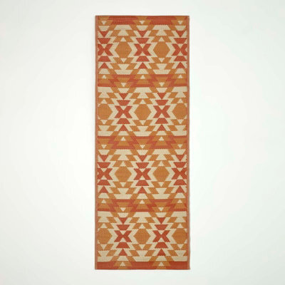 Homescapes Luxury Outdoor Rug Runner Waterproof Reversible For Garden, 75 X 200 Cm, Orange, 100% Recycled, Anya Aztec