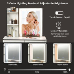 Costway Vanity Table Set Modern Dressing Table W/ 3-Color Mirror & Drawers Dresser Desk - thumbnail 5