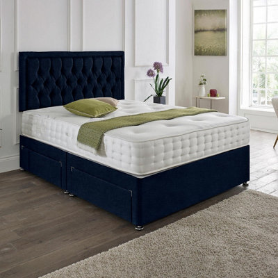 Dining Tables Lisbon Matching Headboard Divan Set, 2 Drawer On Same Side With Sprung 1500 Comfort Mattress - Chenille Indigo - King - image 1