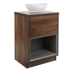 Homestylestore Dark Oak 600mm Led Lit Bathroom Vanity Unit Oval Chalk Countertop Basin Open Shelf