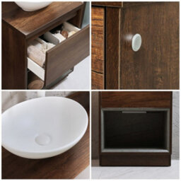 Homestylestore Dark Oak 600mm Led Lit Bathroom Vanity Unit Oval Chalk Countertop Basin Open Shelf - thumbnail 2